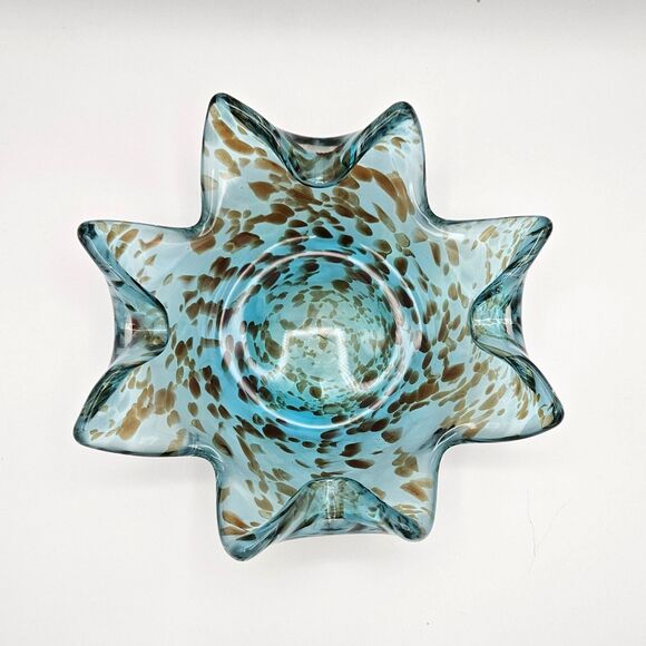Art Glass Ruffle Bowl Dish Blue Aqua Brown Splatters Murano-like Star Fish - Picture 11 of 12